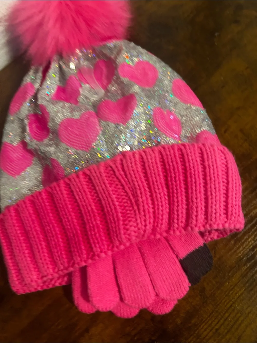 Justice Girls Pink Sequin Heart Winter Beanie Hat and Gloves Set NWT